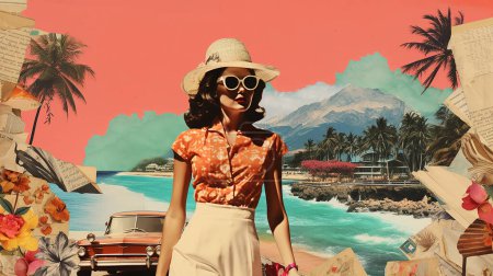 Summer collage vacation women trendy with paper cut style illustration