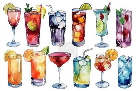 Orange, apple, lemon, avocado, peach and pomegranate drinks in glasses, set of summer watercolor juices in watercolor vector style