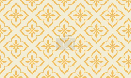 Ilustración de Diseño batik indonesio con patrón geométrico de adornos florales dorados sobre fondo amarillo. abstracto floral sin costura patrón vector ilustración - Imagen libre de derechos