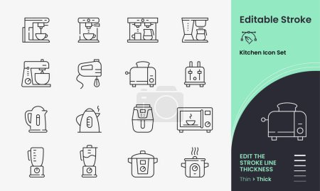 Kitchen appliances Icon collection containing 16 editable stroke icons. Perfect for logos, stats and infographics. Edit the thickness of the line in any vector capable app.