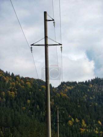 Strommast steht hoch im Gebirgswald