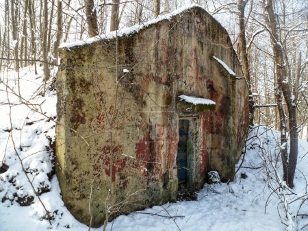 Abandoned old seed storage building in a snowy forest, overshadowed by new construction