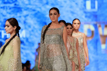 Photo for Models on the runway showcasing "Sanam C's collection" at Fashion Pakistan Week Winter Festive 21-22. Fashion week in Karachi 14th October 2021 - Royalty Free Image