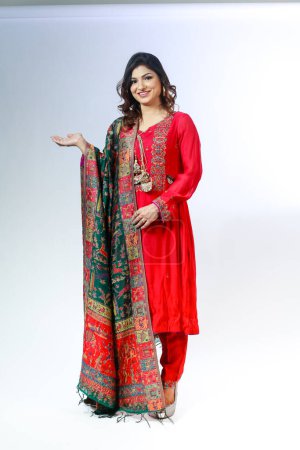 Téléchargez les photos : Belle femme pakistanaise en broderie traditionnelle shalwar kameez robe. Concept de mode - en image libre de droit