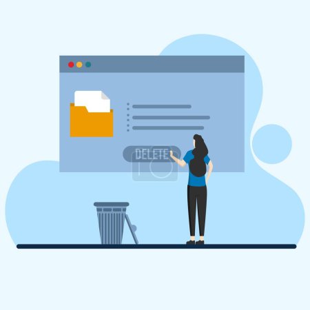 Illustration for People delete files and move unnecessary files to big trash cans. woman deletes documents with software User deletes folder with documents. Clear digital memory. - Royalty Free Image