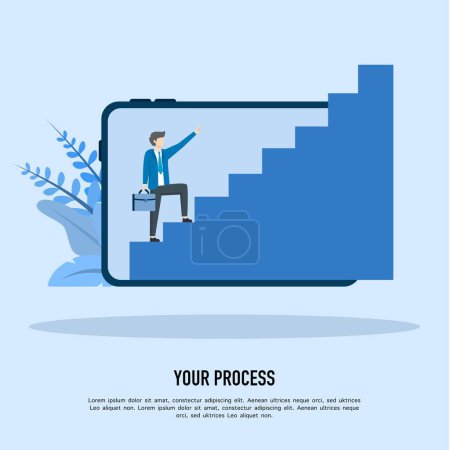 Illustration for Step process, effective business progress or development, sustainable concept. Businessman walking up stairs inside tablet. way to achieve the goal. - Royalty Free Image