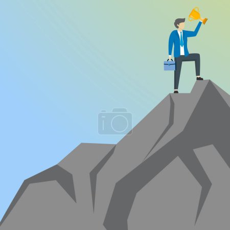 Illustration for Male character climbing a mountain to achieve the goal of getting a trophy, Business concept to achieve a goal or success. trophy on top of mountain flat vector illustration. Flat vector illustration. - Royalty Free Image