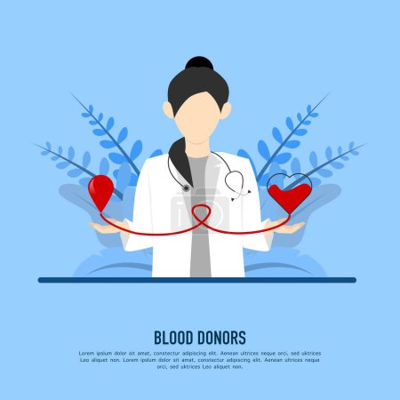 Illustration for World blood donor day - blood donor, doctor with hand holding blood drop to put in heart shaped container on background vector design. - Royalty Free Image