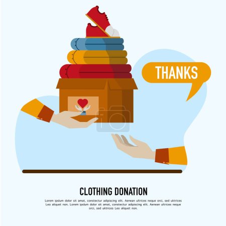 Illustration for Awareness and charity concept, Volunteer holding donation box with clothes, Donation of clothes. Full carton box. Concept of volunteer and social care. Support for the poor. international charity day. - Royalty Free Image