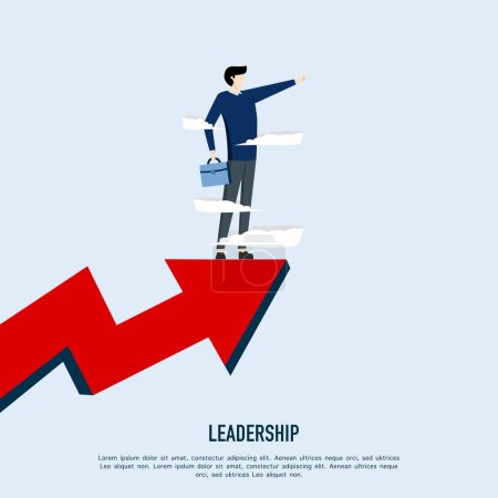 Illustration for Businessman standing on arrow and pointing forward symbol of future, leader achieving goal, leadership and business concept - Royalty Free Image