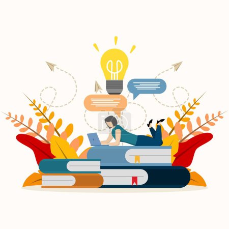 Illustration for Vector cartoon illustration of a girl lying on a pile of books with a laptop. Illustration of earning, distance learning and self-education concept. Young female student character - Royalty Free Image