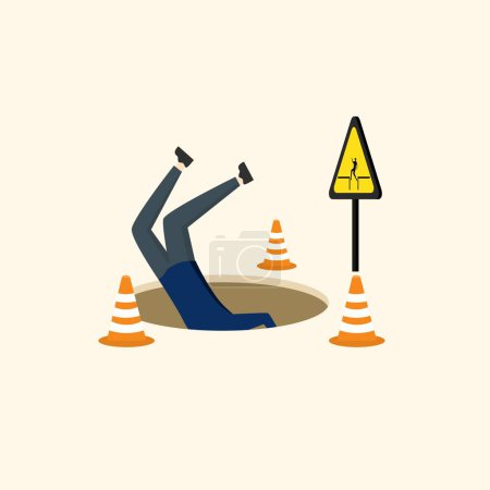 businessman fell into a hole. Failure or mistake leads to disaster despair, business hazard or accident, trouble, trouble or risk from crisis or recession, loss or trap concept.