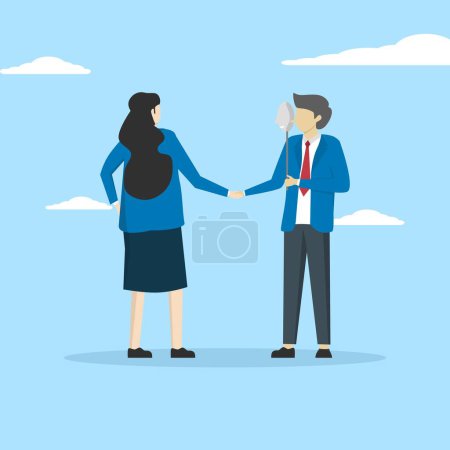 Illustration for Businessman shaking hands with one of the masks to hide real thoughts. dishonest or fake agreements, fraud or suspicion, betrayal or secret deals, hidden threats are ready to stab behind the concept. - Royalty Free Image