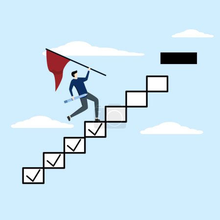 Illustration for Entrepreneur steps on a checklist to move forward towards the target. Progress from start to success, challenges to advance and win the competition, assignment to project completion, development. - Royalty Free Image