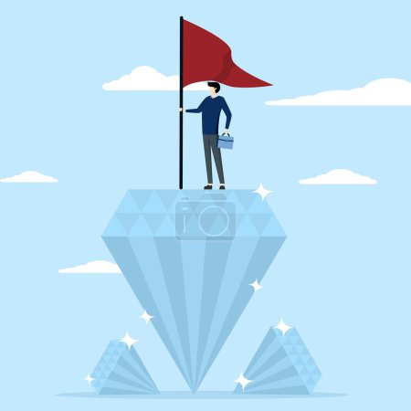 Illustration for Businessman holding winner flag on precious high value diamond. Value proposition, value quality or excellence concept. profitable marketing for customers to purchase products and services. - Royalty Free Image