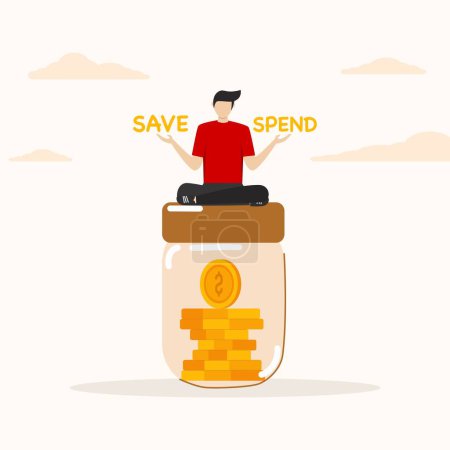 Illustration for People hesitate to sit on savings balance options save or spend. Money decision, save or spend, choose to invest or pay off debt concept, financial options when receiving bonus or extra money. - Royalty Free Image