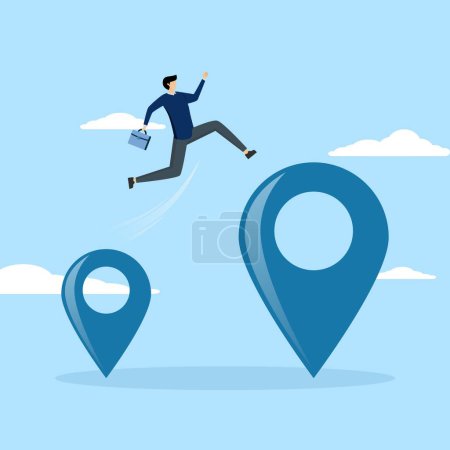 the entrepreneur jumps from map navigation pins to a new relocation metaphor. Business relocation, moving office to a new address or transferring to a new location concept.