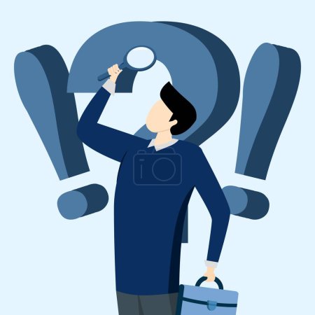 Illustration for Curious businessman holding magnifying glass observing data with question mark. Observation or examination, investigate or research concept, curiosity to discover secrets, seek or analyze information. - Royalty Free Image