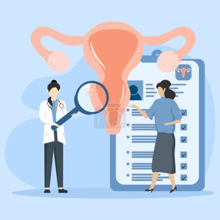 Illustration for Doctor examines uterus with magnifying glass to treat endometriosis. endometriosis treatment concept, Endometriosis, endometrial dysfunctionality. modern flat vector illustration - Royalty Free Image