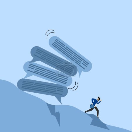 Illustration for Overcommunication concept, frustrated businessman running away from pile of collapsing online speech bubbles, too many messages or spam, inefficient discussion or meeting concept. - Royalty Free Image