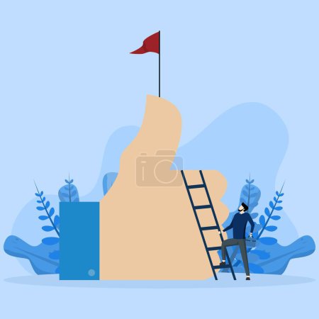Téléchargez les illustrations : Businessman going up ladder to achieve thumbs up achievement, Successful journey to get positive feedback, employee or customer satisfaction concept, high performance evaluation or review, good job. - en licence libre de droit