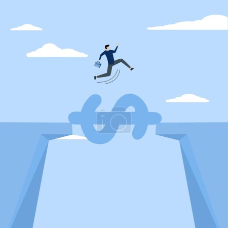 Money to save, support business to survive, businessman jump over cliff gap with dollar sign bridge, financial aid solution to get through crisis, budget or loan repayment concept.