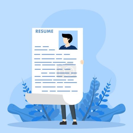 Téléchargez les illustrations : Prominent Resume or CV concept, smart young businessman holding resume CV presenting his work profile for recruitment creative way to present business profile for applying for new job concept. - en licence libre de droit
