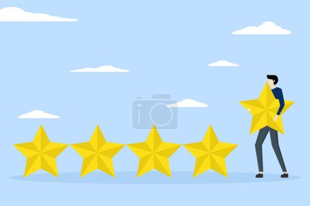 Téléchargez les illustrations : User experience concept, customer feedback star rating or business and investment rating concept, businessman holding golden yellow star to add to 5 stars rating. - en licence libre de droit