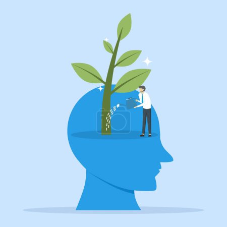 Illustration for Growth mindset, training to believe in success, motivation or coaching, growing attitude concept, personal development or improvement, man watering plant seeds growing from head brain. - Royalty Free Image