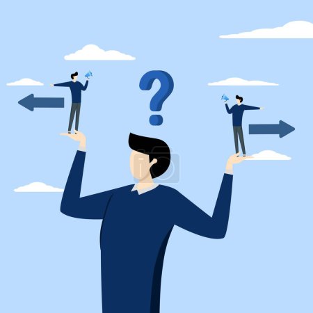 Illustration for Dilemma or moral conflict, decision problem or question, choosing options, disagreement or argument for business direction, alternative or solution concept, confused businessman choosing direction. - Royalty Free Image