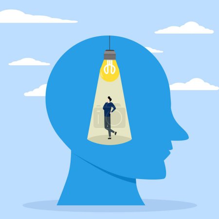 Illustration for Smart thinking, creative mindset or emotional intelligence, smart thinking or psychology concept of wisdom or intuition in genius brain, smart businessman turning on light bulb idea in his genius head. - Royalty Free Image