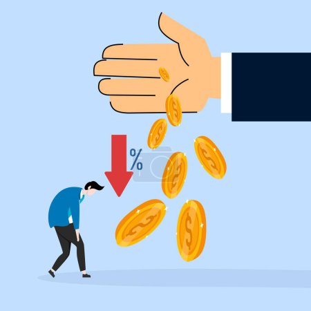 Losing money, sunken cost concept, financial debt, spending growth, economic crisis, lethargic businessman with big hands and falling coins as a symbol of economic crisis, flat vector illustration