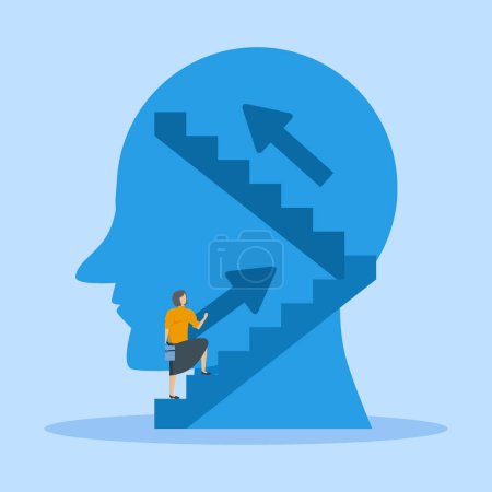 Ilustración de Profile of human head and ladder. Self improvement psychology education concept, training course in growth mindset. Development of personal potential, woman climbing the ladder to the top. - Imagen libre de derechos