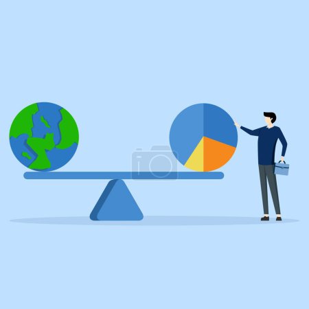 Illustration for Global investment asset allocation concept, portfolio balancing for international stocks, bonds or real estate, wealth management concept, businessman fund manager balance pie chart with globe. - Royalty Free Image