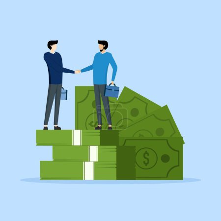 Ilustración de Salary negotiation concept, business people shaking hands over pile of banknotes after finalizing a deal, discussion about salary increase or wage and benefits agreement, business deal. - Imagen libre de derechos