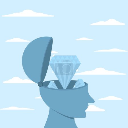 Illustration for Head and diamond, excellence concept, self esteem and confidence, talent or potential, big head with diamond filling, vector flat illustration - Royalty Free Image