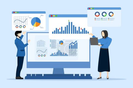 Illustration for Web report dashboard concept, business people team meeting for data analytics and monitoring, data analytics research for business financial planning. flat vector design illustration. - Royalty Free Image