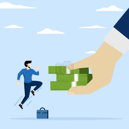 Illustration for Concept of Getting paid, salary, payment of wages or bonuses, employee gifts or benefits, businessman hand giving banknote to happy employee. investment profit income, loan or mortgage concept. - Royalty Free Image