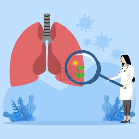 Illustration for Respiratory system problems concept. The doctor examines the lungs with a magnifying glass. Tuberculosis, pneumonia, Pulmonology, treatment or diagnosis of lung cancer. Organ examination. - Royalty Free Image