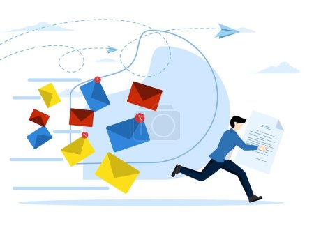 Illustration for Vector illustration of a scared businessman running away from a multitude of emails chasing him. Modern character design. entrepreneurs run away from a lot of emails - Royalty Free Image