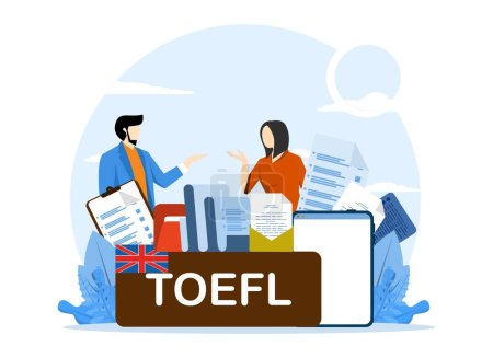 TOEFL concepto de examen de inglés. Examen de inglés como lengua extranjera. Estilo plano vector concepto de ilustración con personajes de personas