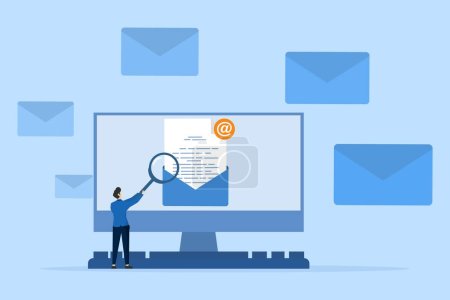 concept d'illustration Ouvrir le courriel. Recevez des notifications sur l'écran de votre ordinateur concernant les nouveaux e-mails. Les documents sont inclus dans une enveloppe. Email marketing créatif plat vecteur.