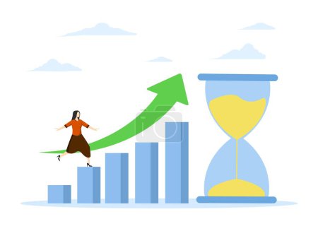 Illustration for Time value of money, make profit or investment profit concept, long term investment, compound growth or successful business growth, woman walking up graph with hourglass metaphor. - Royalty Free Image