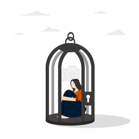 Illustration for Stuck or trapped, anxiety or depression, solitude and loneliness, fixed mindset or mental health problem, fear of escaping concept, depressed woman locking herself sitting in birdcage. - Royalty Free Image