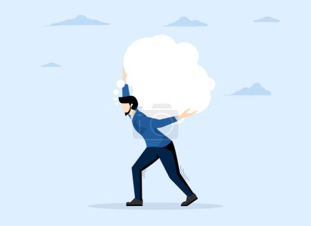 Illustration for Concept of obsessiveness at work or too many problems can't make a decision, Overthinking, a depressed businessman trying to carry a heavy burden of thought bubbles. flat vector illustration. - Royalty Free Image