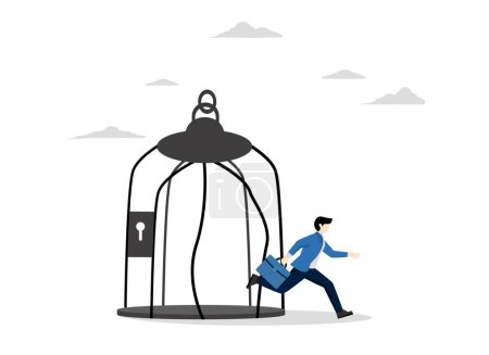 Illustration for Change to experience new challenges or liberate the concept of freedom, Escape from routine comfort zone, strong ambitious entrepreneur bends the bar and escapes from the birdcage trap. - Royalty Free Image