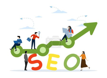 Illustration for SEO, professional man holding magnifying glass, Search Engine Optimization for website to show in search results page concept, mouse pointer or using laptop sitting on analytical graph on word SEO - Royalty Free Image