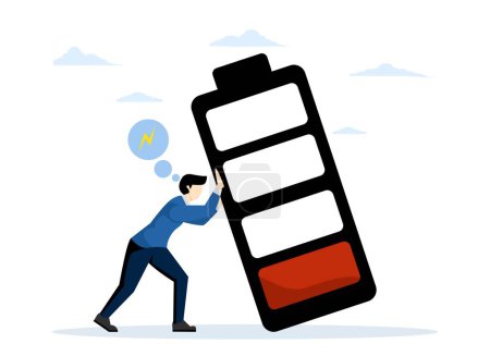 Illustration for Drain energy to work, Recharge your own energy. Intolerance to fatigue syndrome. Fight burnout at work. Employees try to prevent large batteries from falling on top of them. flat vector illustration. - Royalty Free Image
