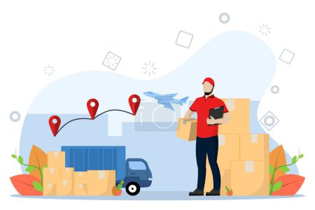 Delivery courier holding package with delivery truck in background. Courier Carrying Packages By Truck. Delivery man and track. Flat design modern vector illustration concept.