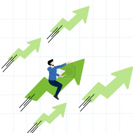 Illustration for Positive growing business or ambition to win investors concept, stock market price skyrocketing in bull market, confident businessman riding green chart with fast speed going up. - Royalty Free Image
